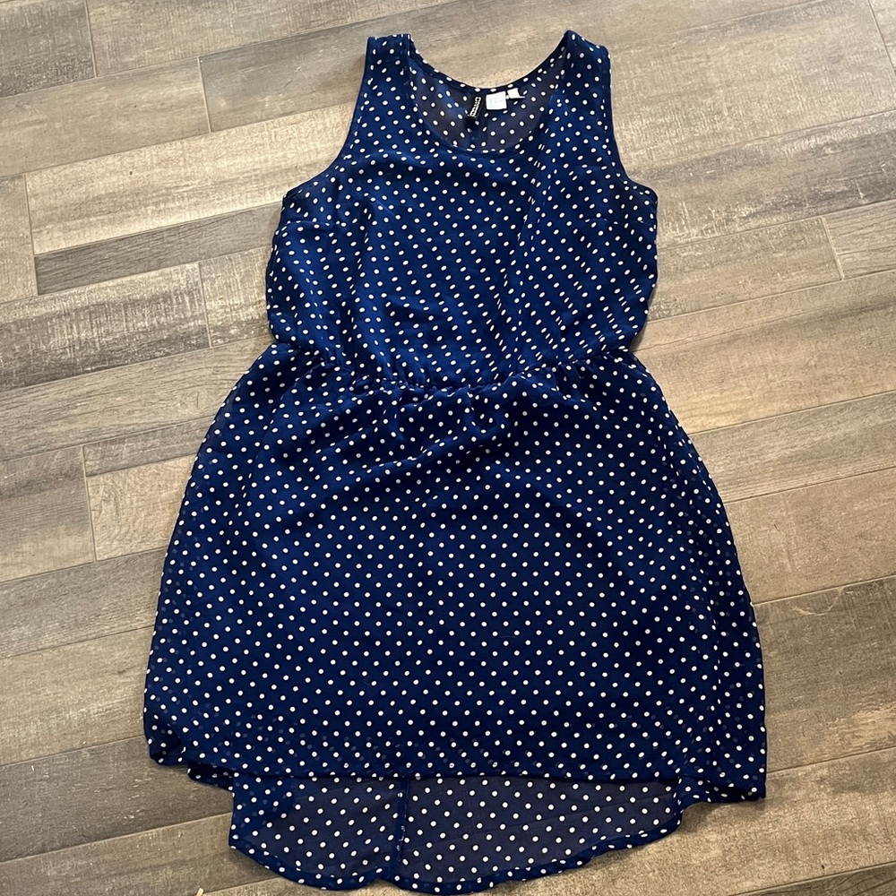 H&M Navy and White Polka Dot High-Low Sleeveless Dress